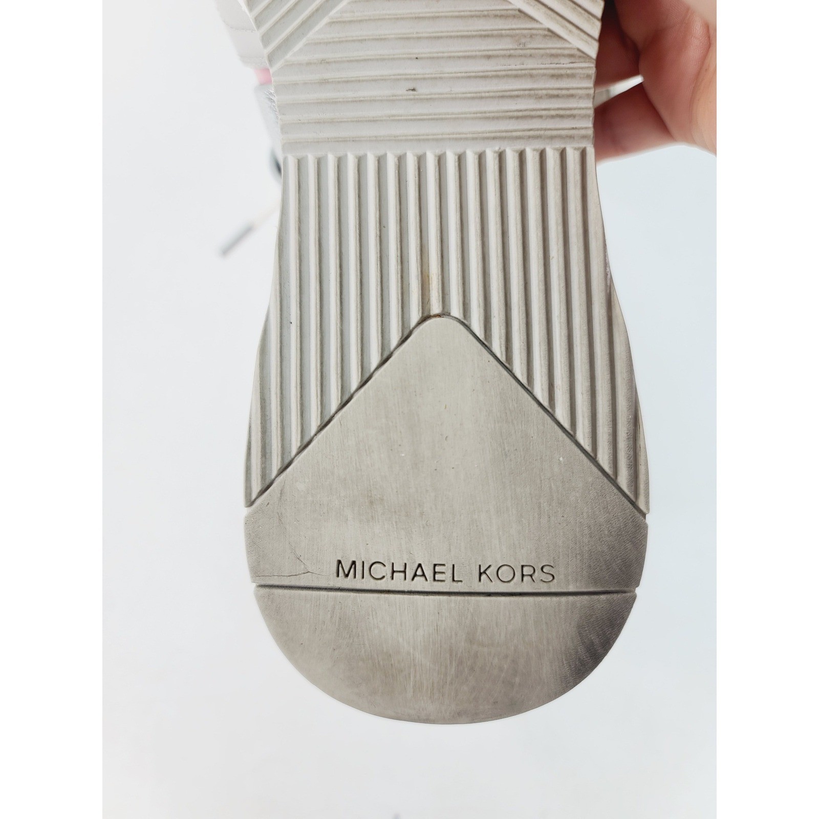 Michael Kors, Lace-Up Round Toe Wedge Sneakers, Women, Size 9 White Silver Gray.