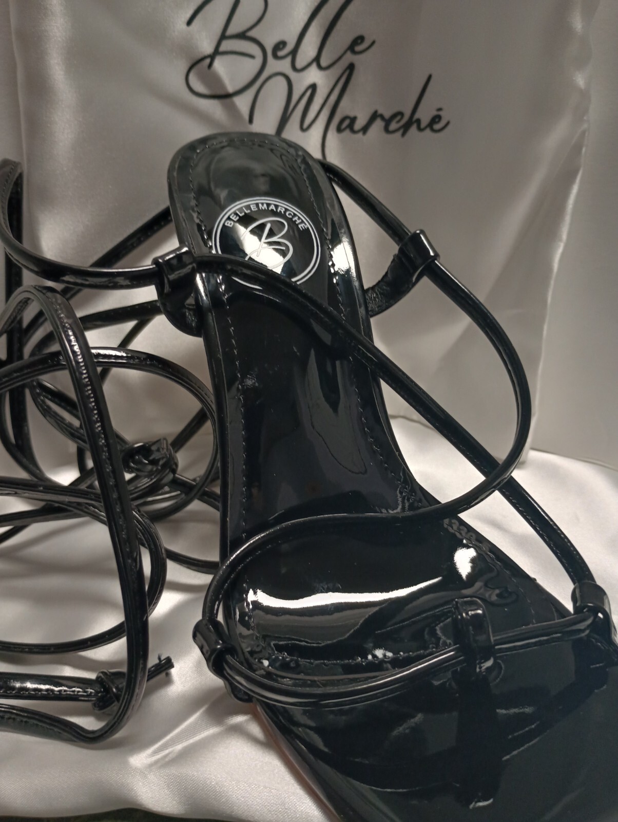 Belle Marche Sexy Black Strappy Lace Up Stilettos 4.25 Heel Thong Shoes Sz 11