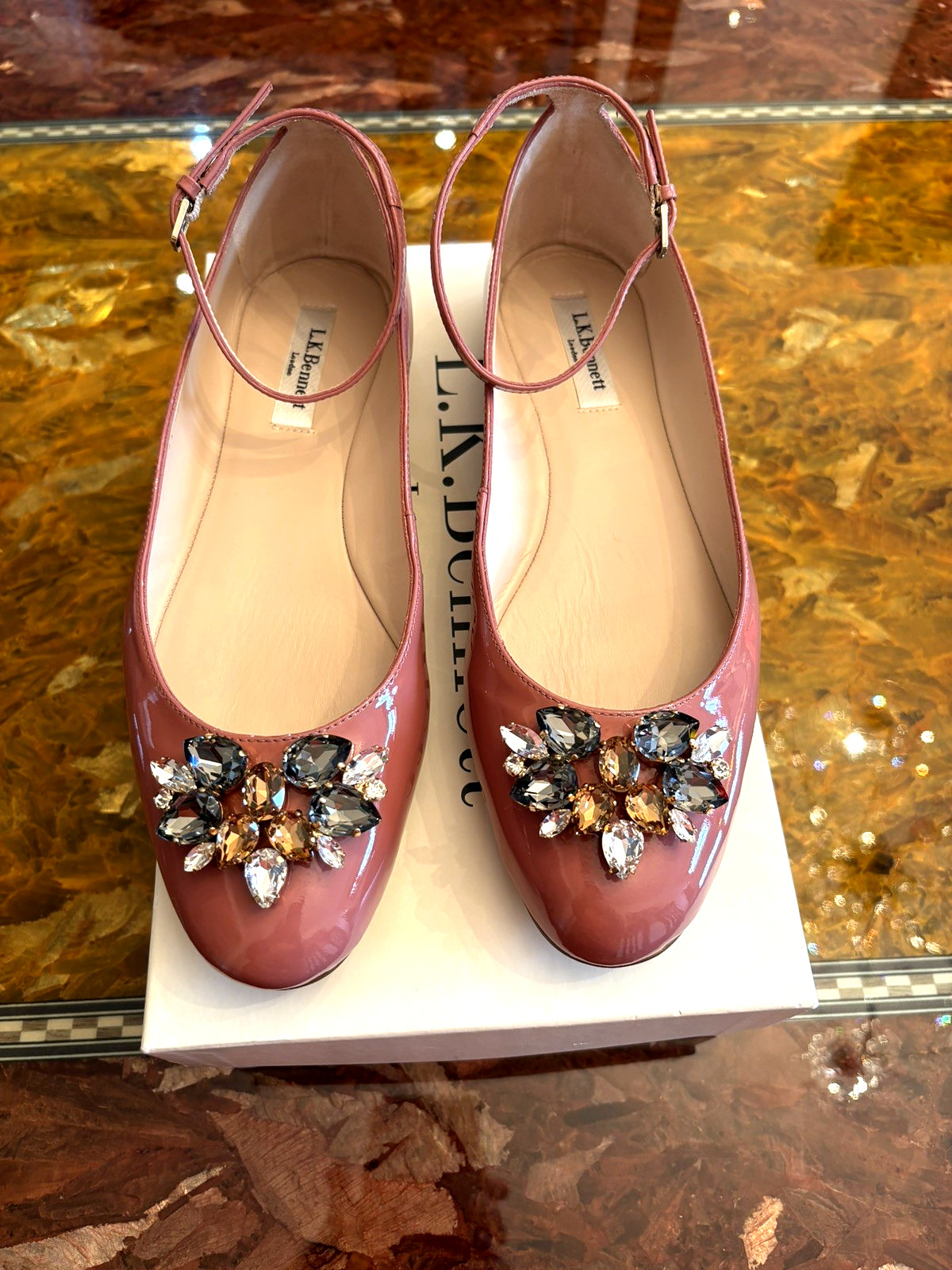 LK Bennett Ninon Flats 9.5 Dark Pink Patent Leather Crystal Embellished $295