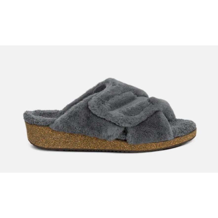 New Orthofeet Faux Fur Slippers Women Sz 9 Grey Crisscross Open Toe Plush Slides