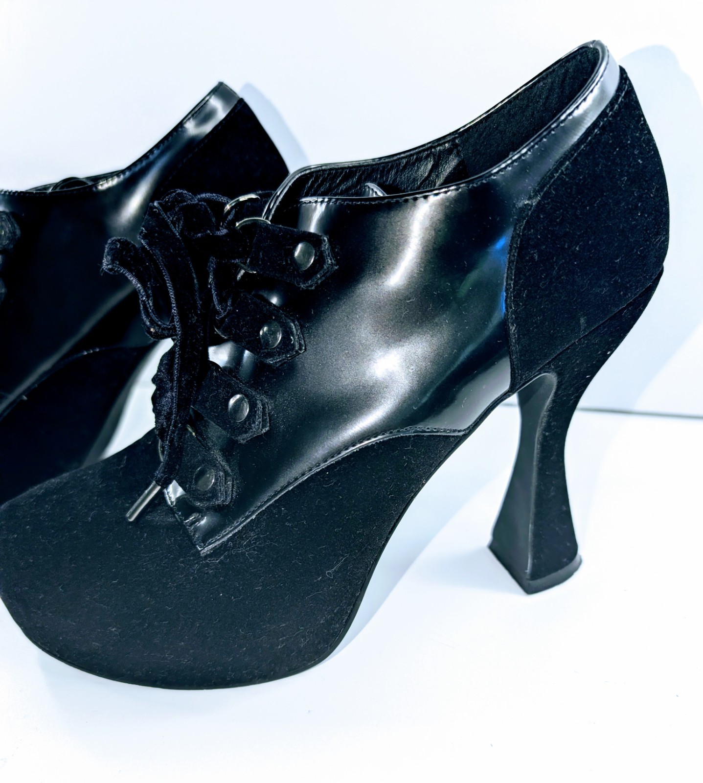 Killstar Bella Platform Heels Black Velvet Patent Gothic Lace Up Pumps Shoes Sz7