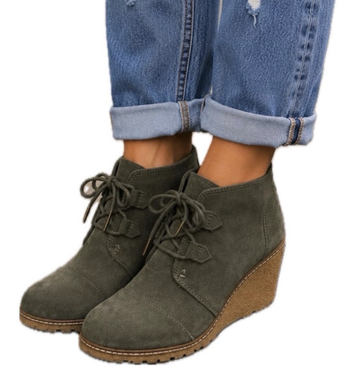 TOMS Women’s Gray Suede Ankle Bootie Round Toe Lace Up Wedge Heel US 7.5