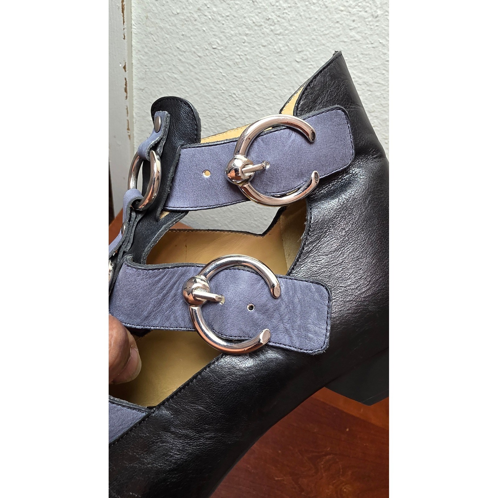 John Fluevog Ankle Boots Womens 11 Black Blue Ring Buckle Pointed Toe Victorian