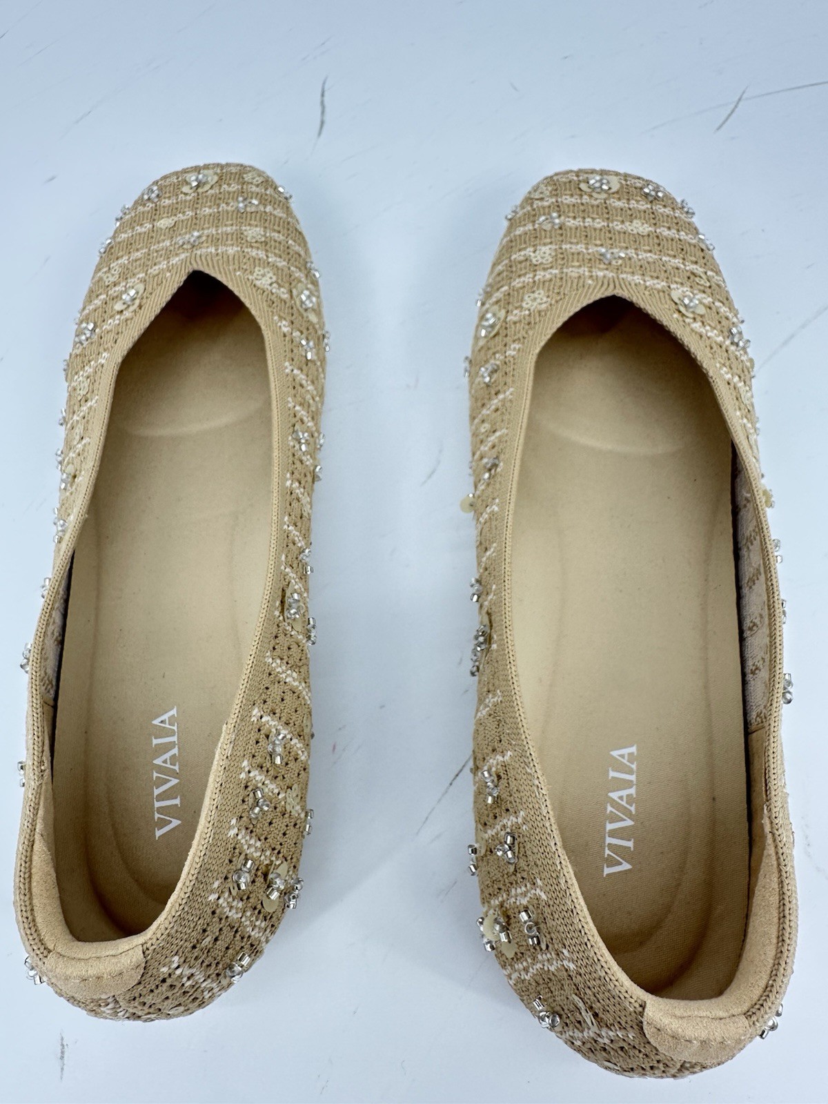 VIVAIA Margot 2.0 Square Toe V-Cut Knit Flats Beige Floral EU 39 US 8 NIB
