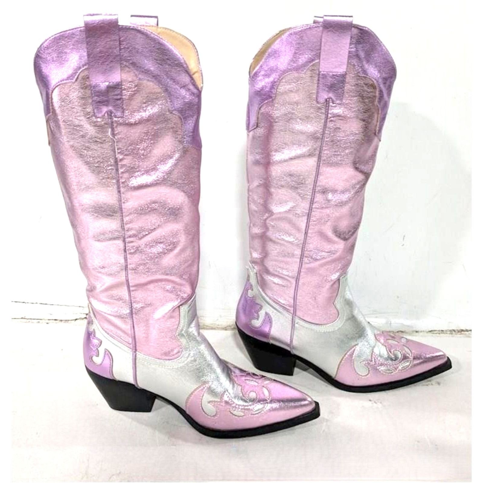 Azalea Wang Hendrix Pink Metallic Flame Cowboy Boots Women Size 8