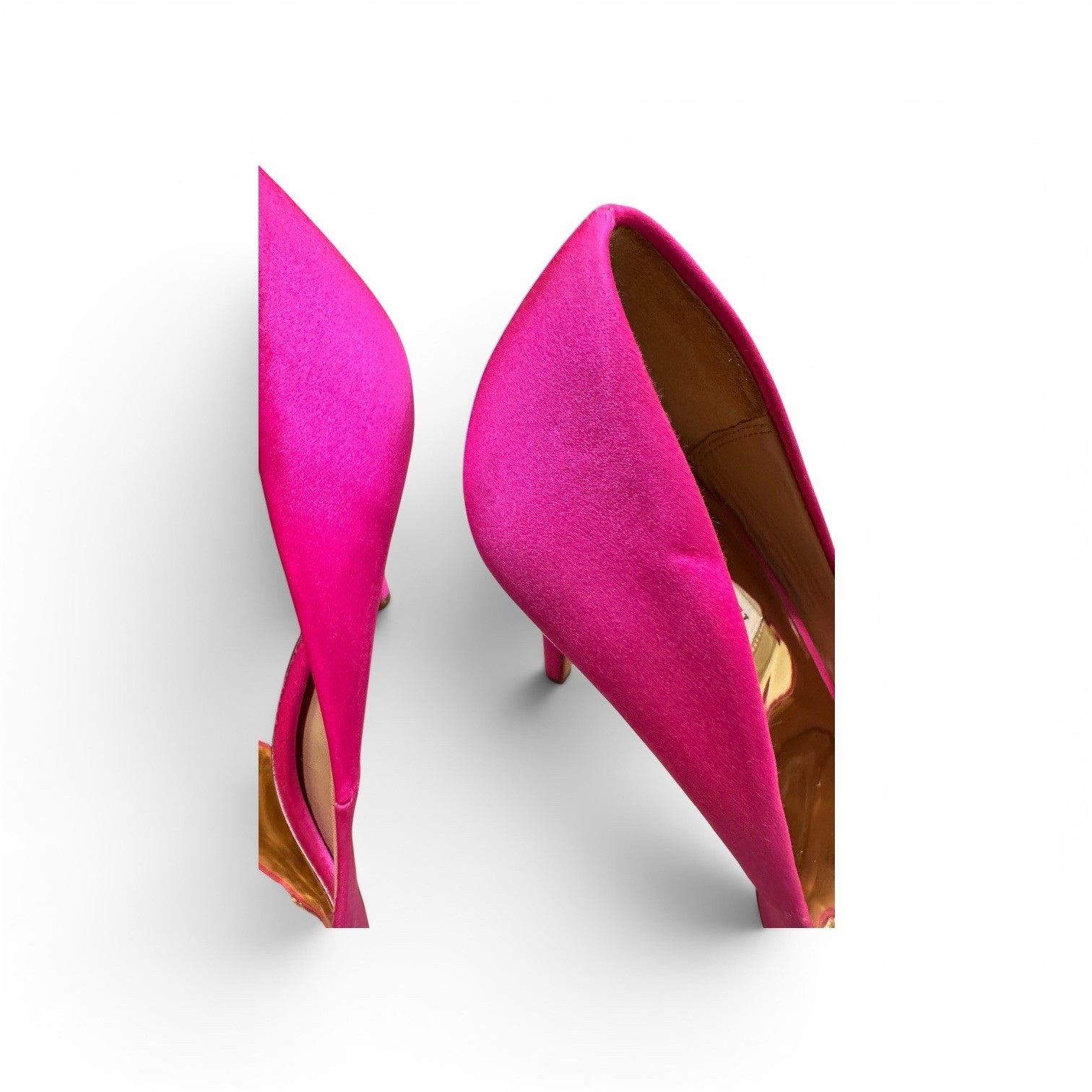 Badgley Mischka satin crystal-buckle pumps in a hot pink/fuchsia satin.