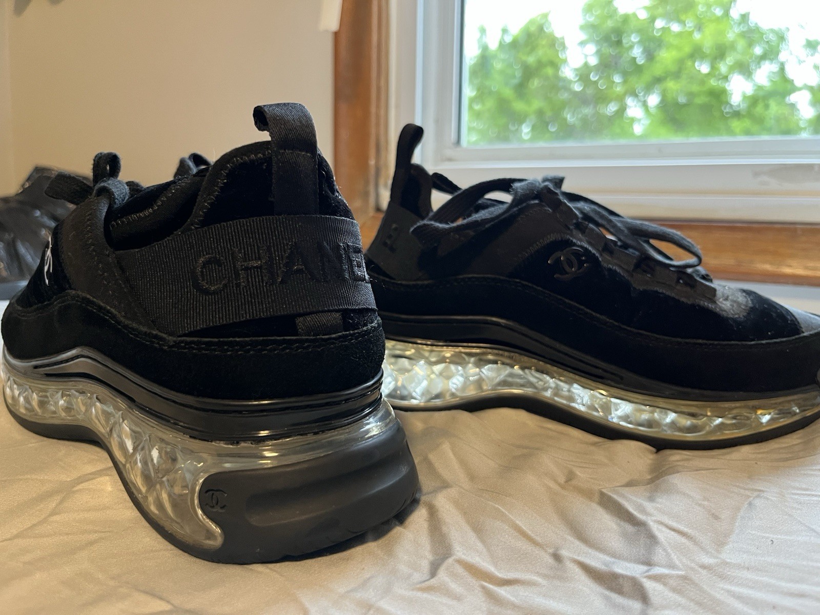 CHANEL Women’s Black Low Top Lace-Up Logo Sneakers Athletic G36299