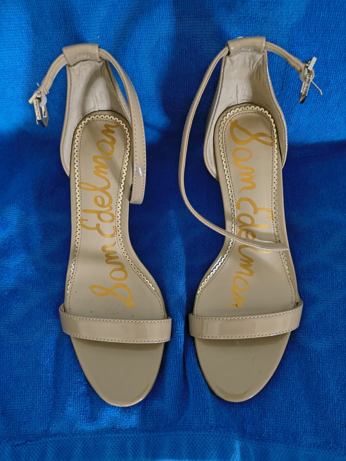 Sam Edelman Strapped Heels Size 6 Beige Toe Strap & Ankle Strap LOGO