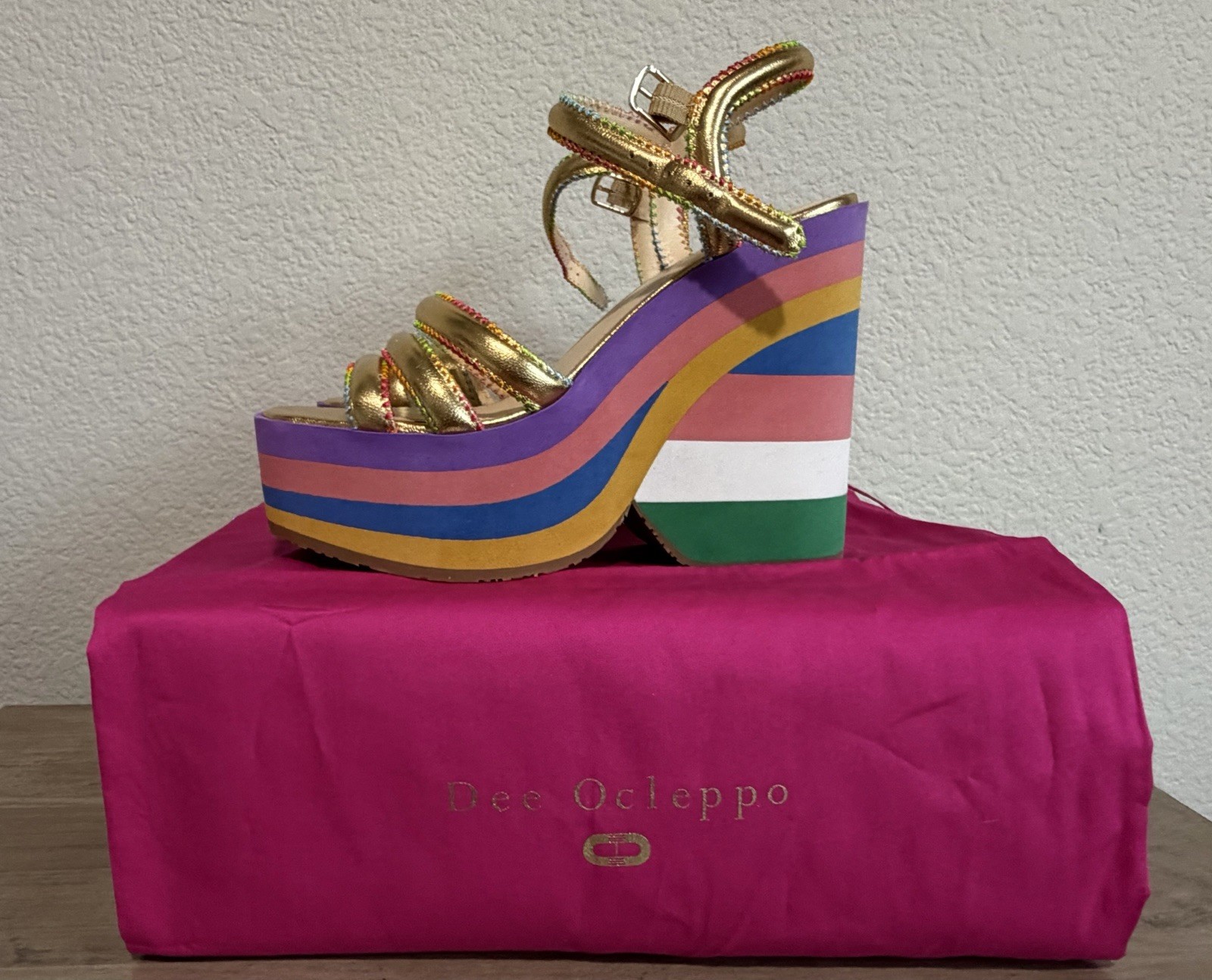 Dee Ocleppo Multicolor/Gold Striped Leather Platform Sandals Ankle Strap 6
