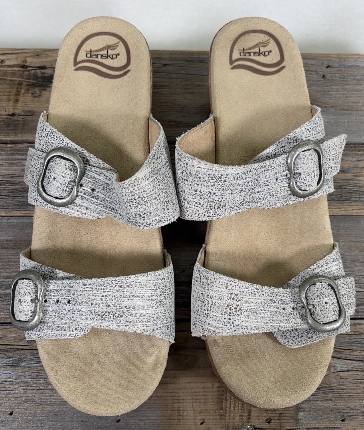 Dansko Sophie 40 9.5-10 Taupe Beige Leather Wedge 2 Buckle Strap Sandals Summer