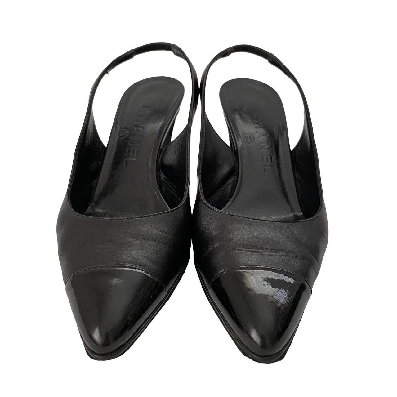 CHANEL Shoes Pumps Heel EU 35.5 US 5.5 Patent Leather Black Authentic