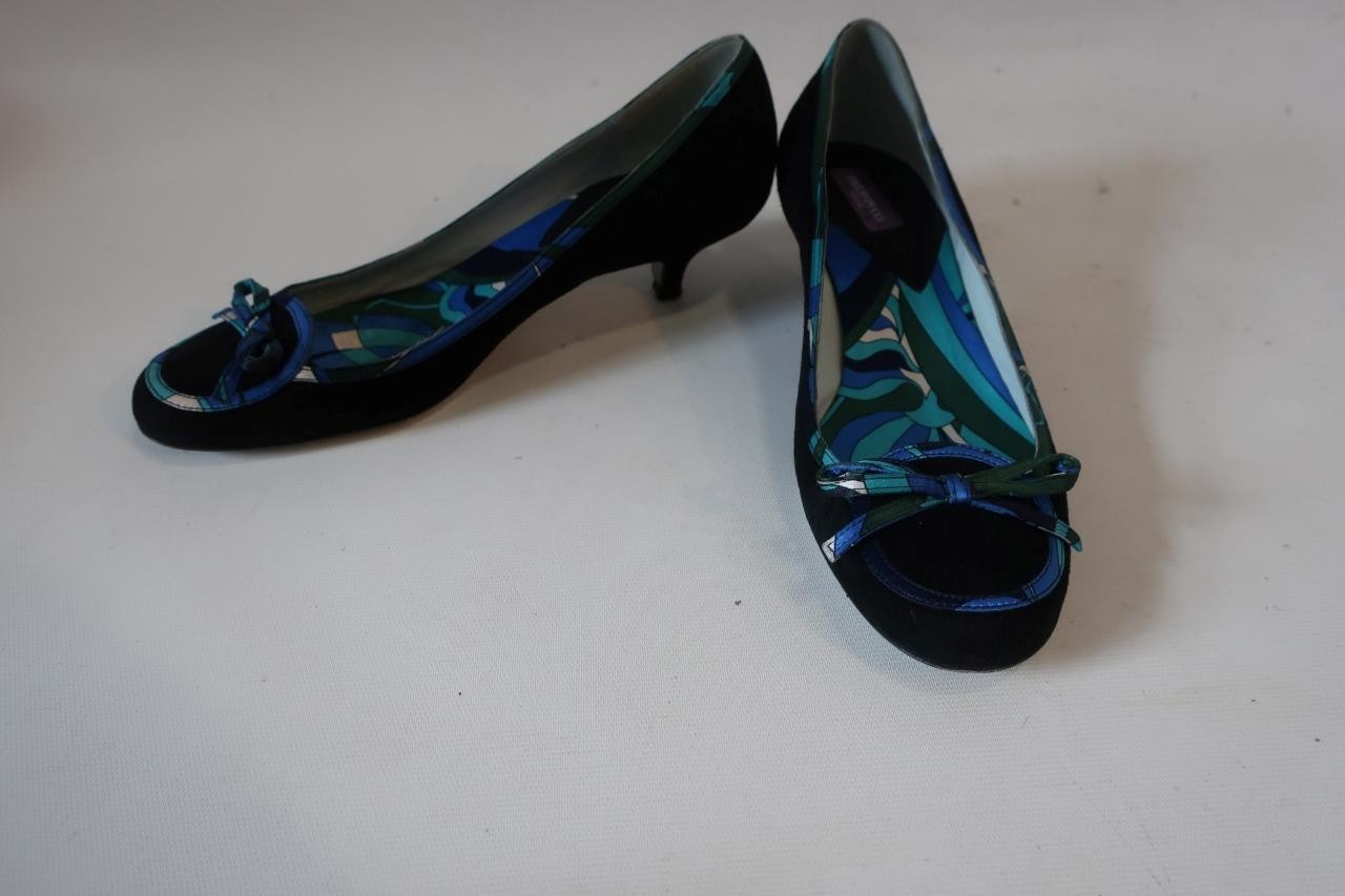 Womens Emilio Pucci Black Suede Blue, Green Trim Shoes 36 EUR/ US 6