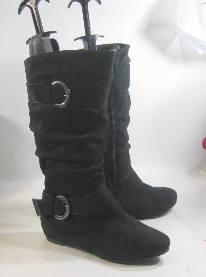 NEW Black 1.5″Wedge Heel Round Toe Side Buckle Knee Boot WOMEN Size 7