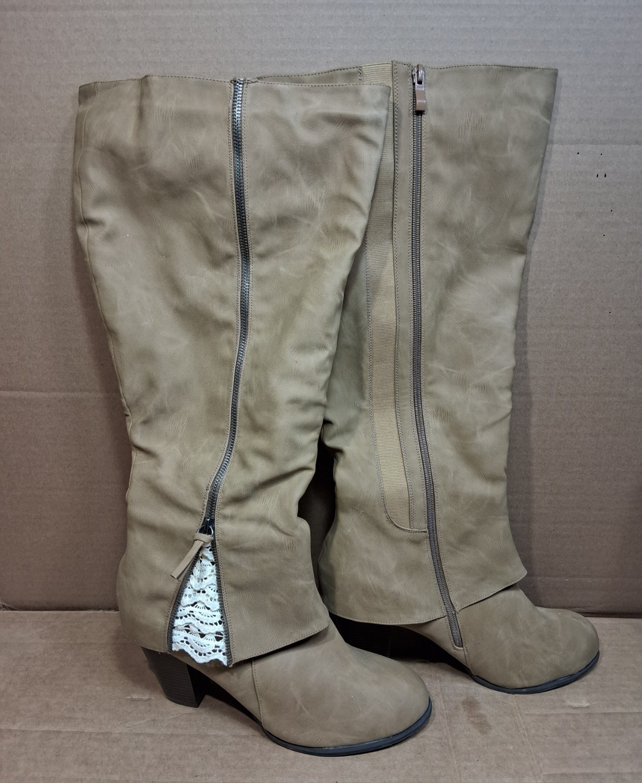 Torrid Tall Tan Heeled Women’s Boots with Back Zipper & Lace Detail