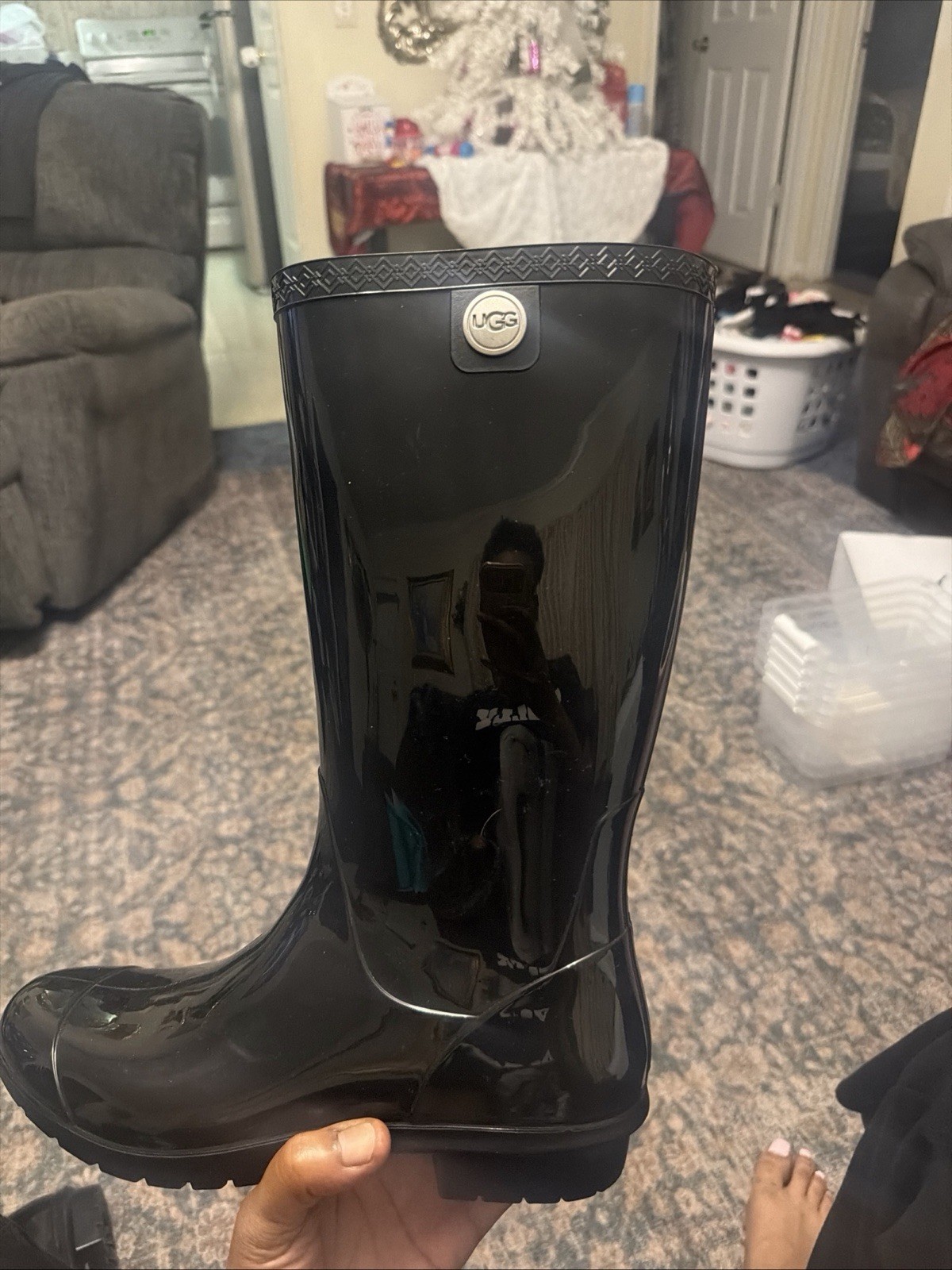 UGG Womens Shaye 1012350 Black Rubber Round Toe Pull-On Rain Boots Size 10