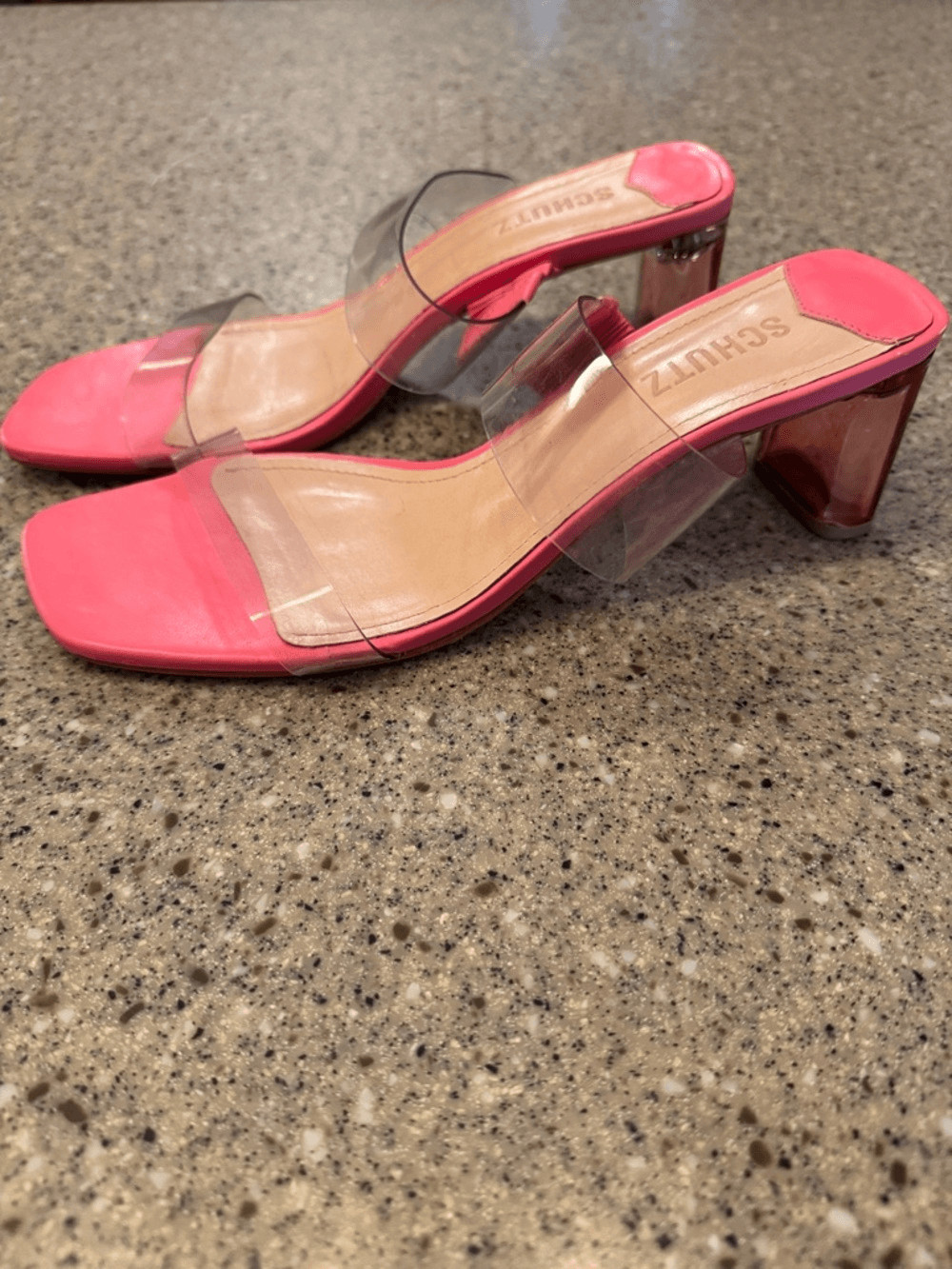 SCHUTZ Ariella Acrylic Mid Heel Mule Sandal Clear Vinyl Strap Pink