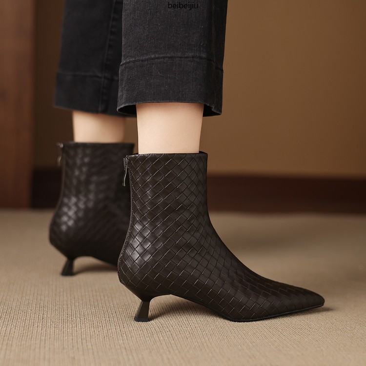 Women’s Weave Real Leather Ankle Boots Low Kitten Heel Dress Fashion Shoes Plus