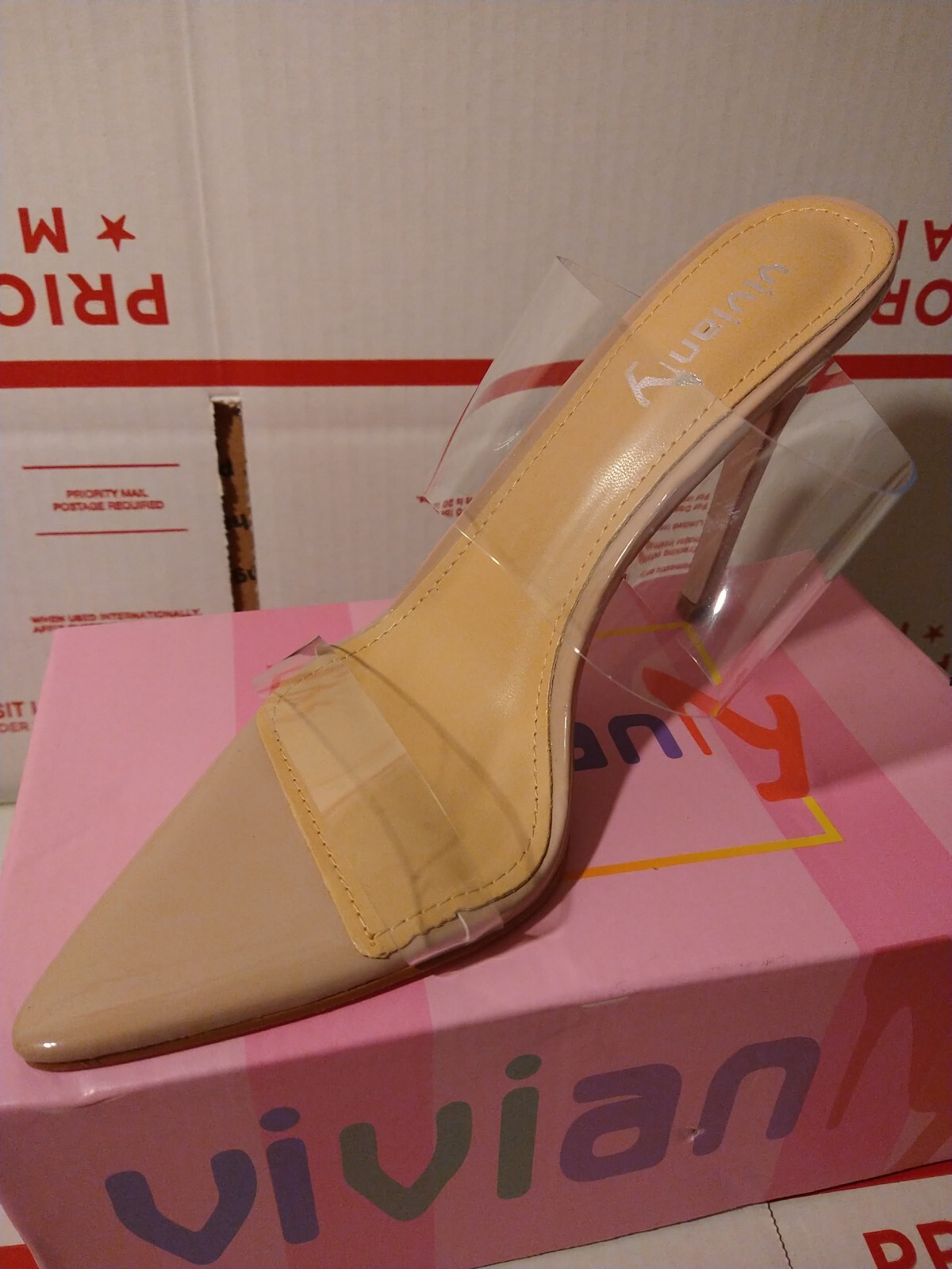 VIVIANLY Clear Pointed Toe Heels Sandals Transparent Strap Stiletto High Heel