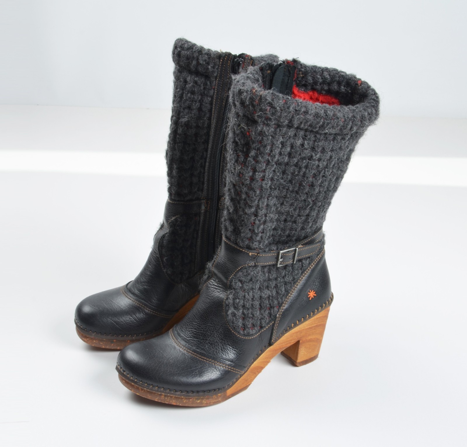 The Art Company Y2K Grunge Knit Leather Clog Wooden Heel Boots Size 39
