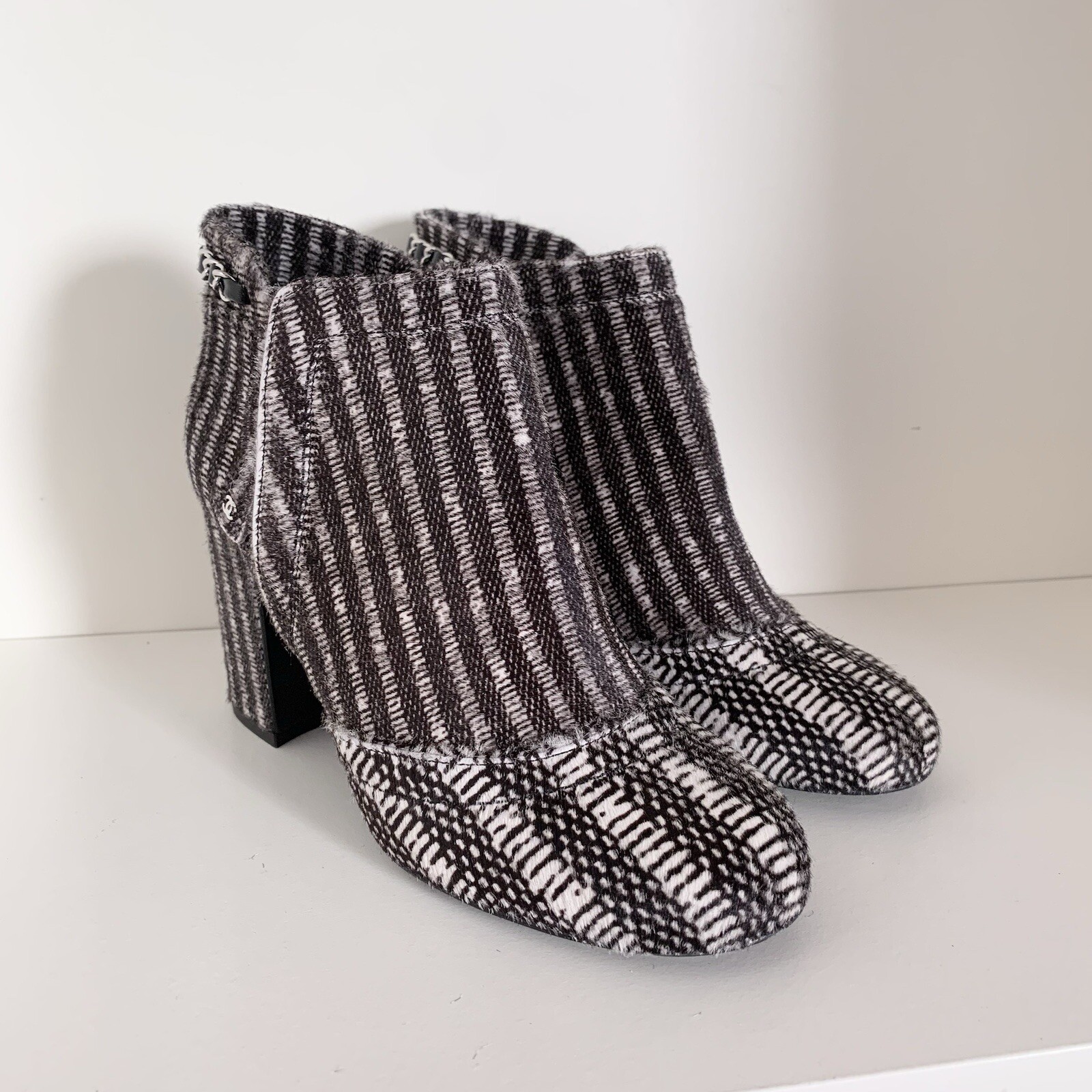 Chanel Pony Hair Chain Logo Zipper Heel Boots 36 Retail $2100