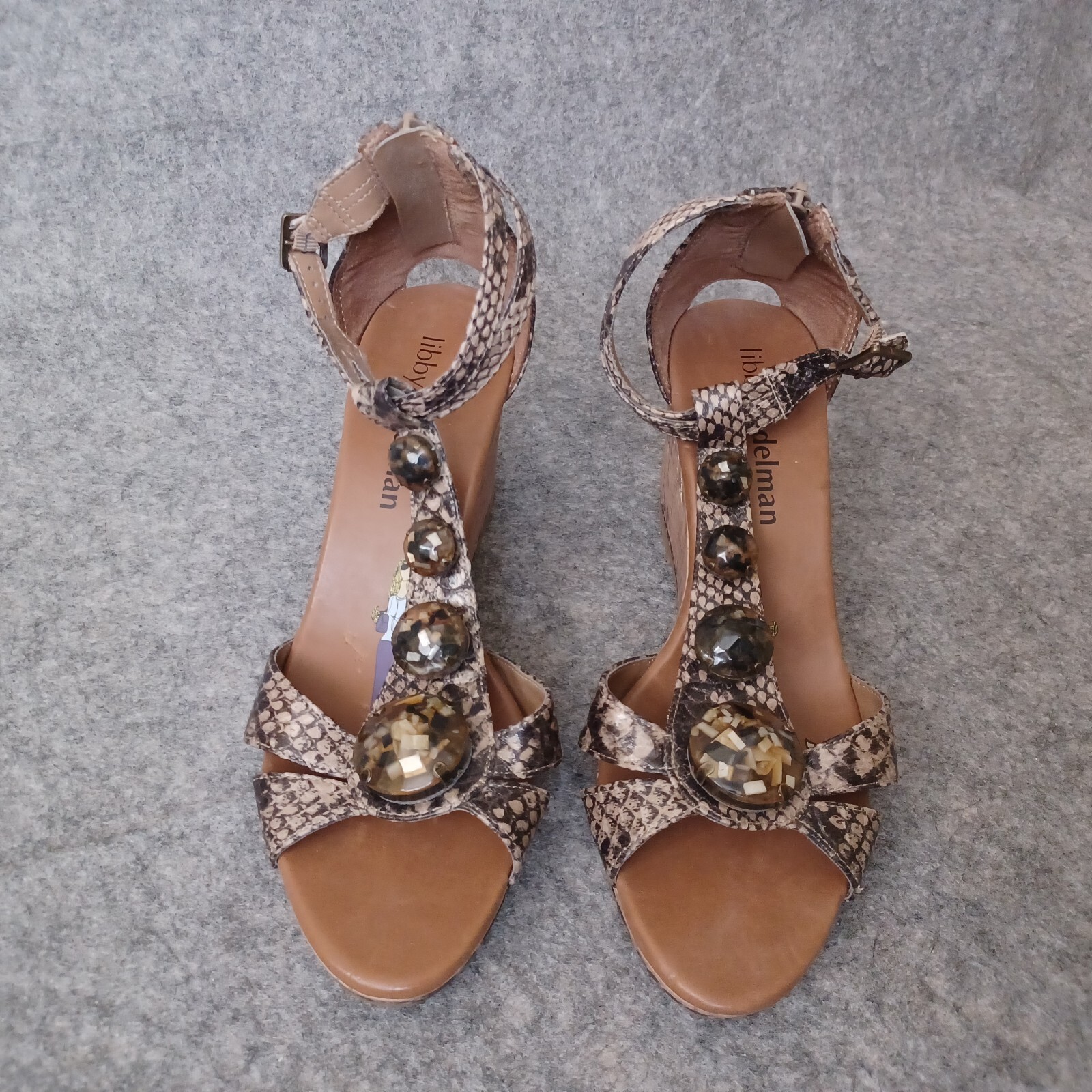 Libby Edelman Sandals Women 8.5 W Beige Brown Faux Snake Skin Wedge Ankle Strap