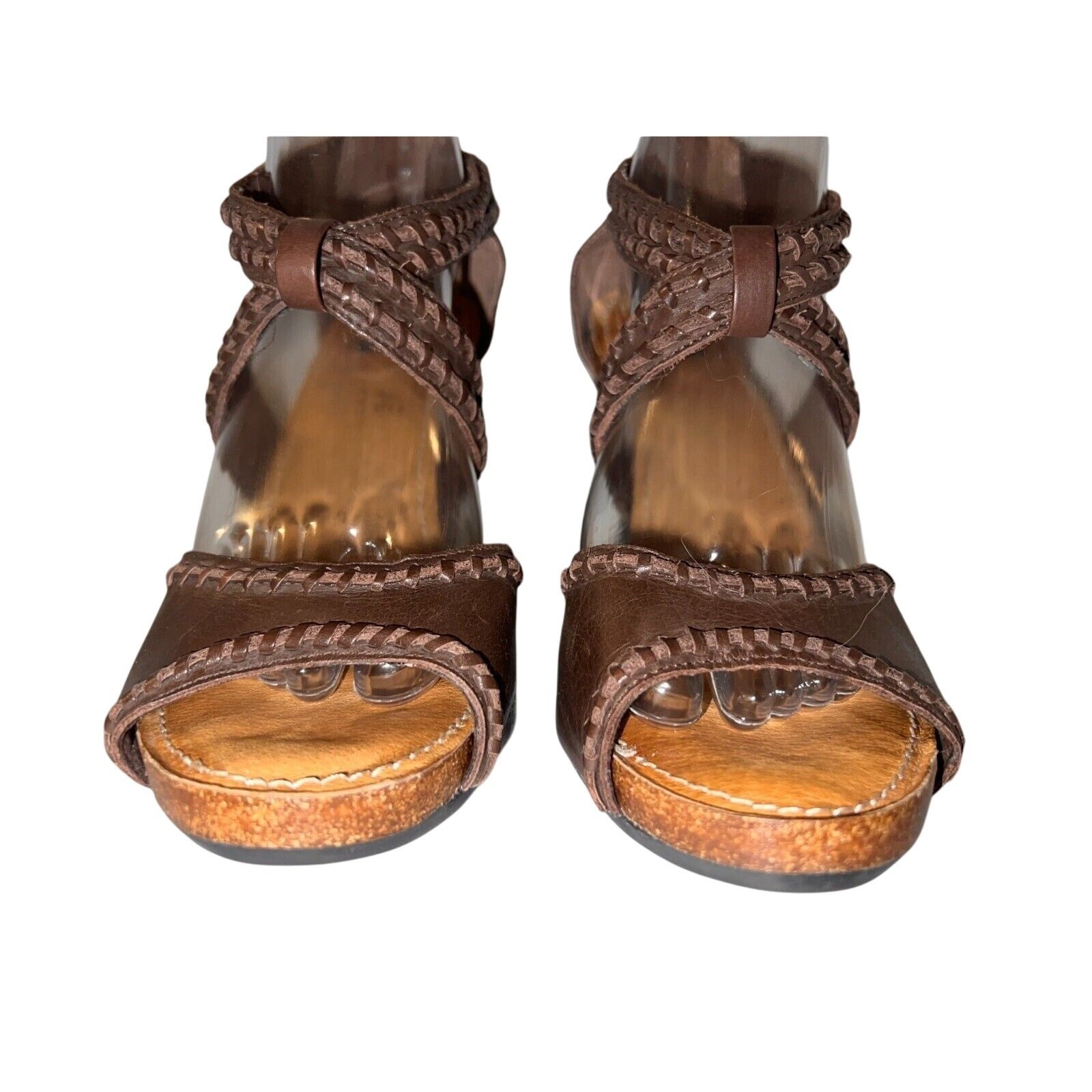 Adam Tucker Me Too Brown Leather Woven Whipstitch Ankle Strap Heels Size 9.5M