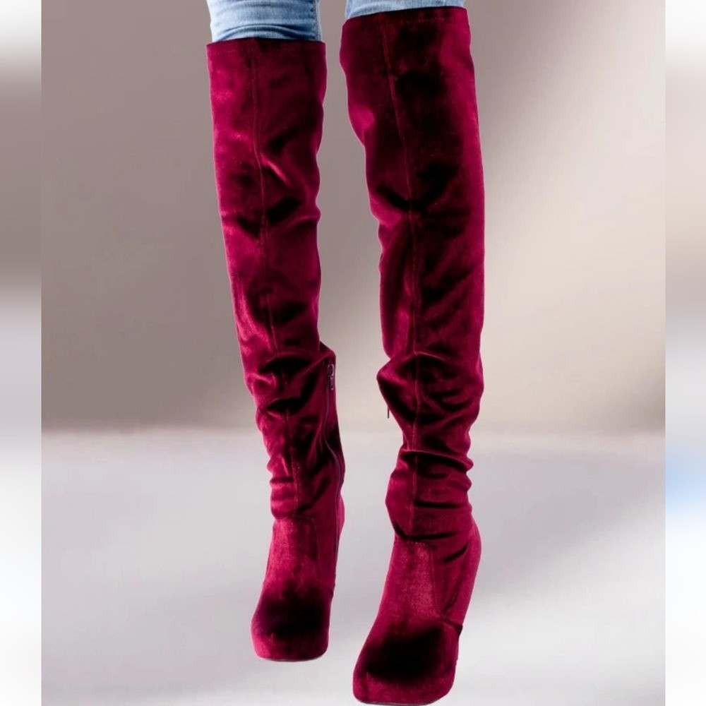 Justfab Yeal Burgundy Velvet Over-the-Knee heeled boots brand new size 9.5