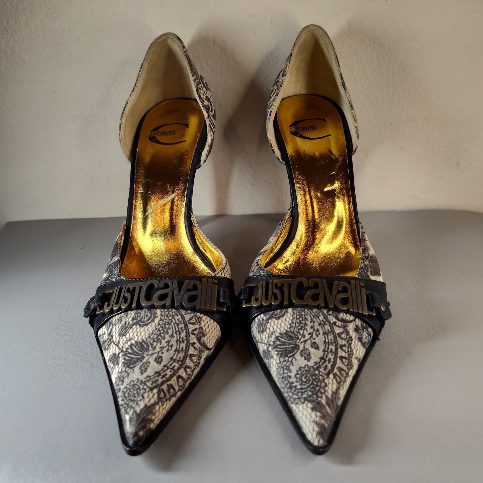 Just Cavalli Women’s Heels Black White Floral Print EU Sz 38.5 US 8.5