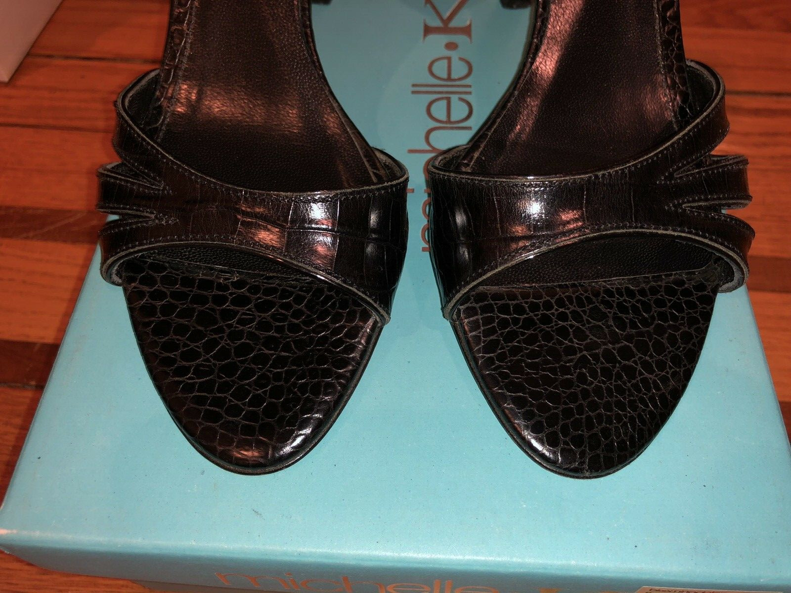 Michelle K Black Snakeskin Open Toe Strappy Pump Sandal Size 6.5