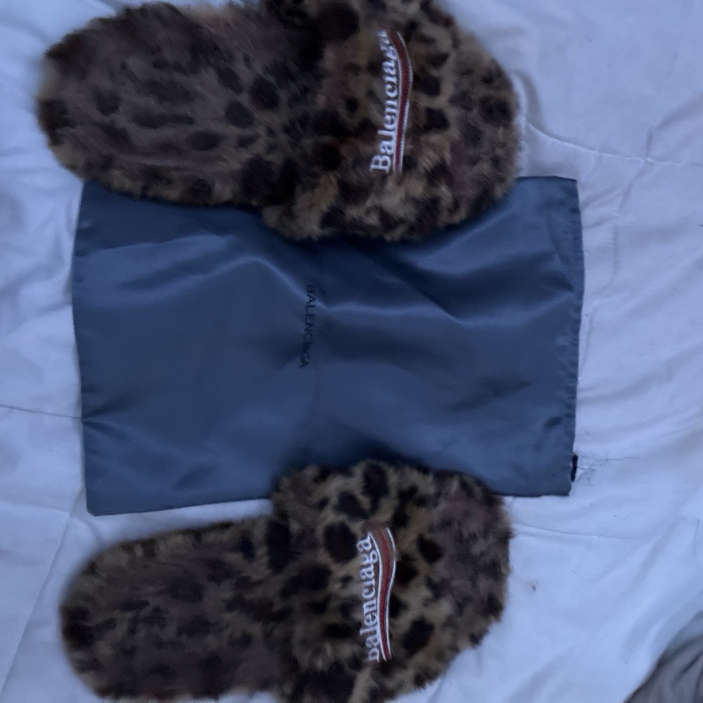 Balenciaga Women’s Leopard Animal Print Faux Fur Logo Slide Sandals