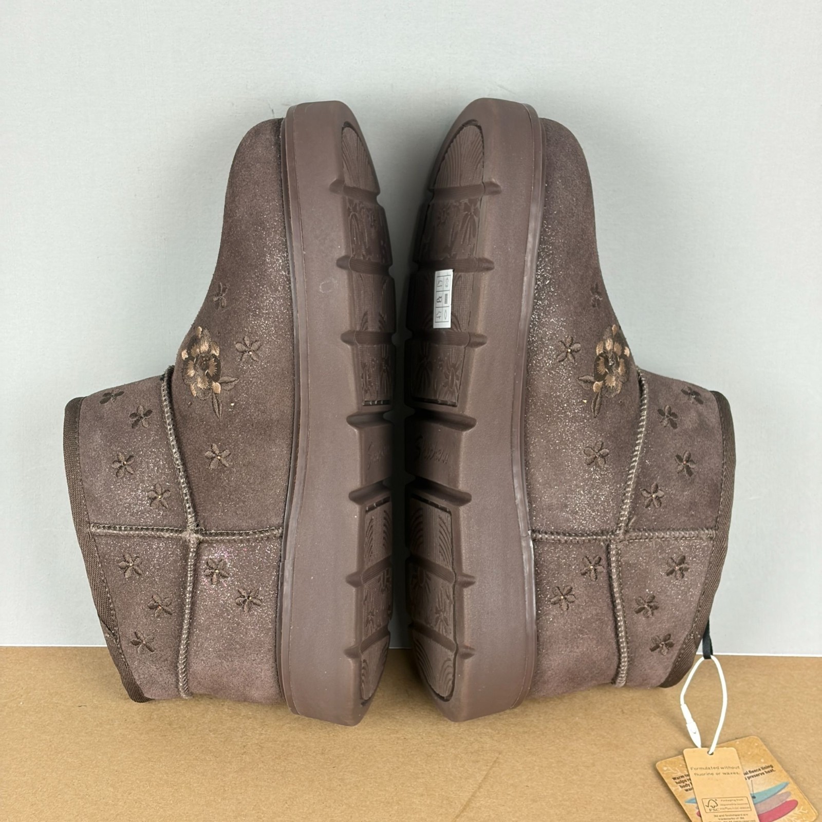 Skechers Slip-Ins Keepsakes Cozy Floral Mini Boots Womens 6.5 Chocolate Brown