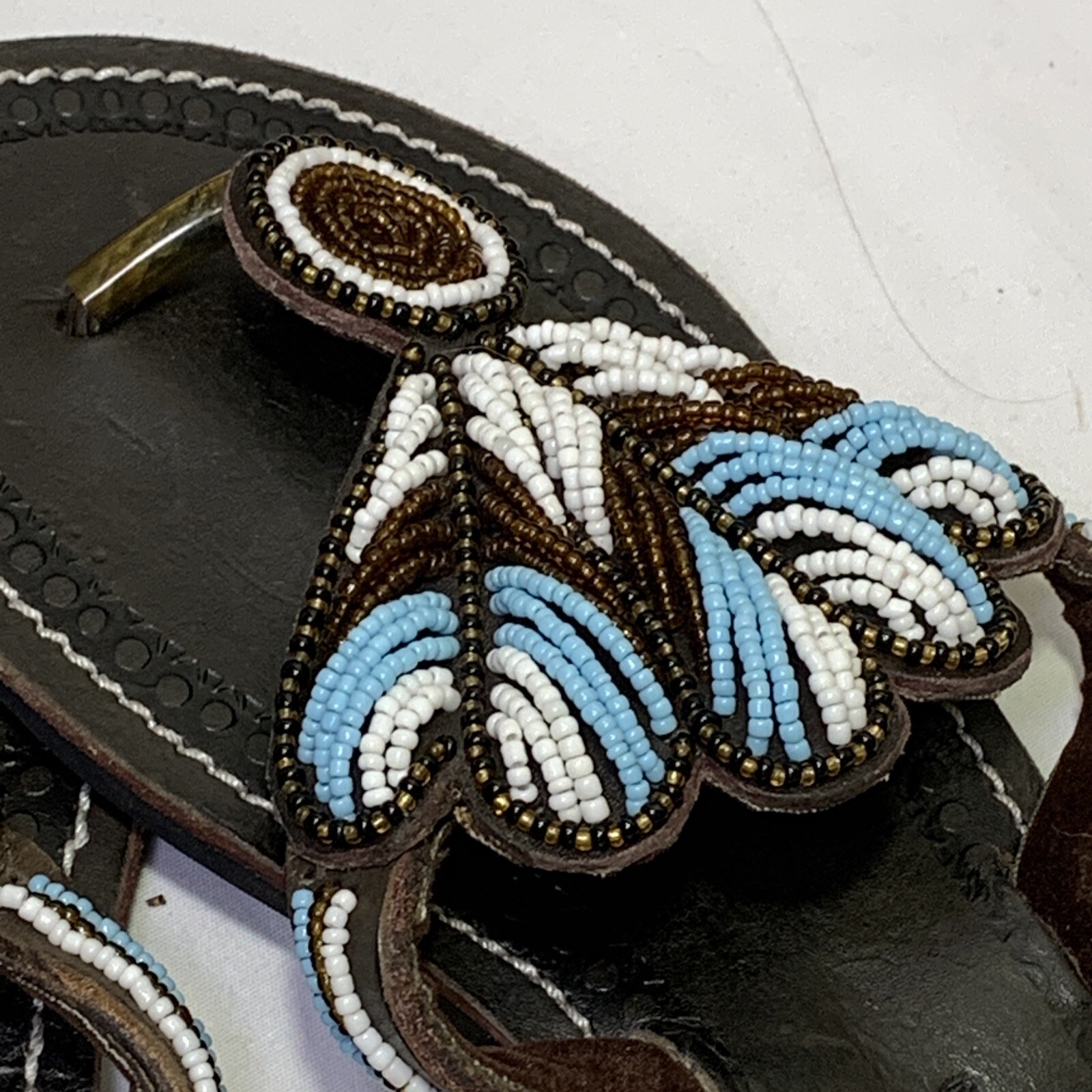 Hand Tooled Leather Sandals Thong Flip Flop Seed Bead Bohemian Size 37 US 6.5
