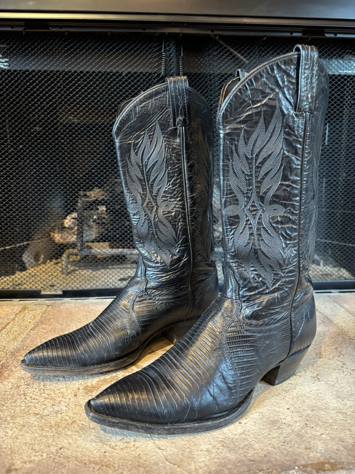 Womens Tony Lama Black Teju Lizard Leather Point Toe Cowboy Western Boots Sz 8 M