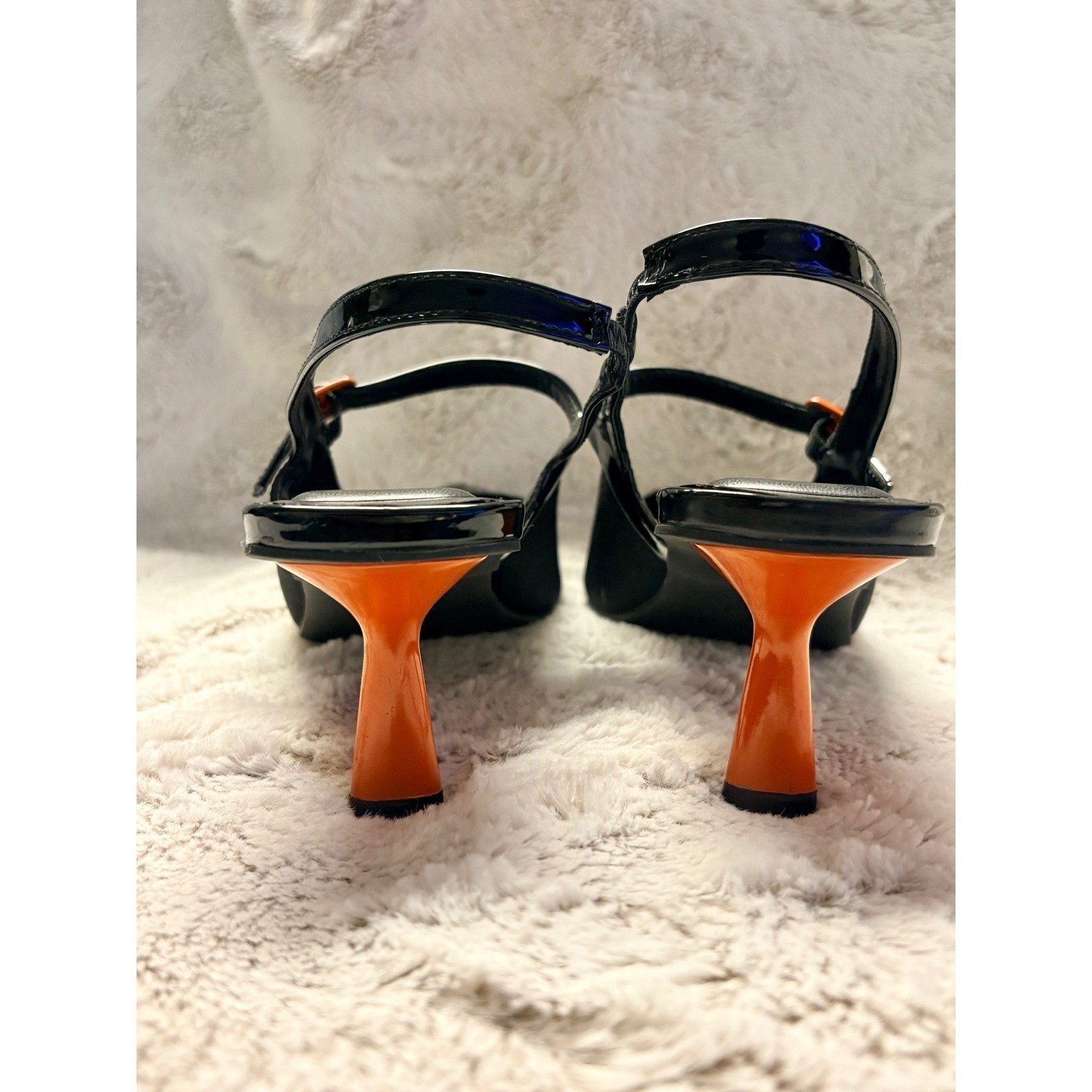 Cosy Island Knit Fabric Black Pointed Toe Slingback Heels Orange Stiletto Sz 6.5