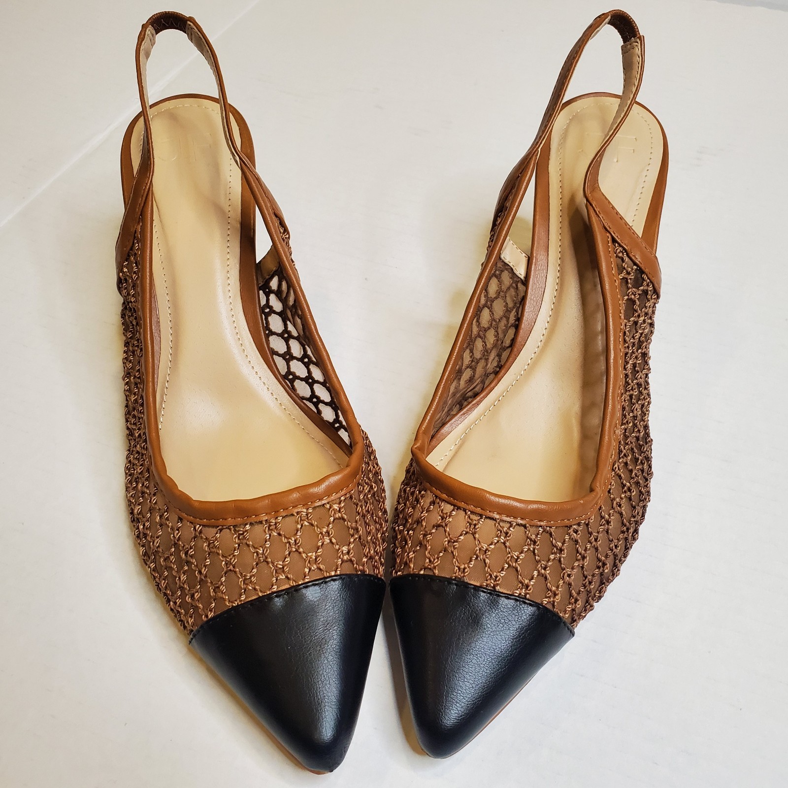 Just Fab Jordan Womens Woven Fishnet Sling Back Pump Heel Brown/Black Shoe Sz 9