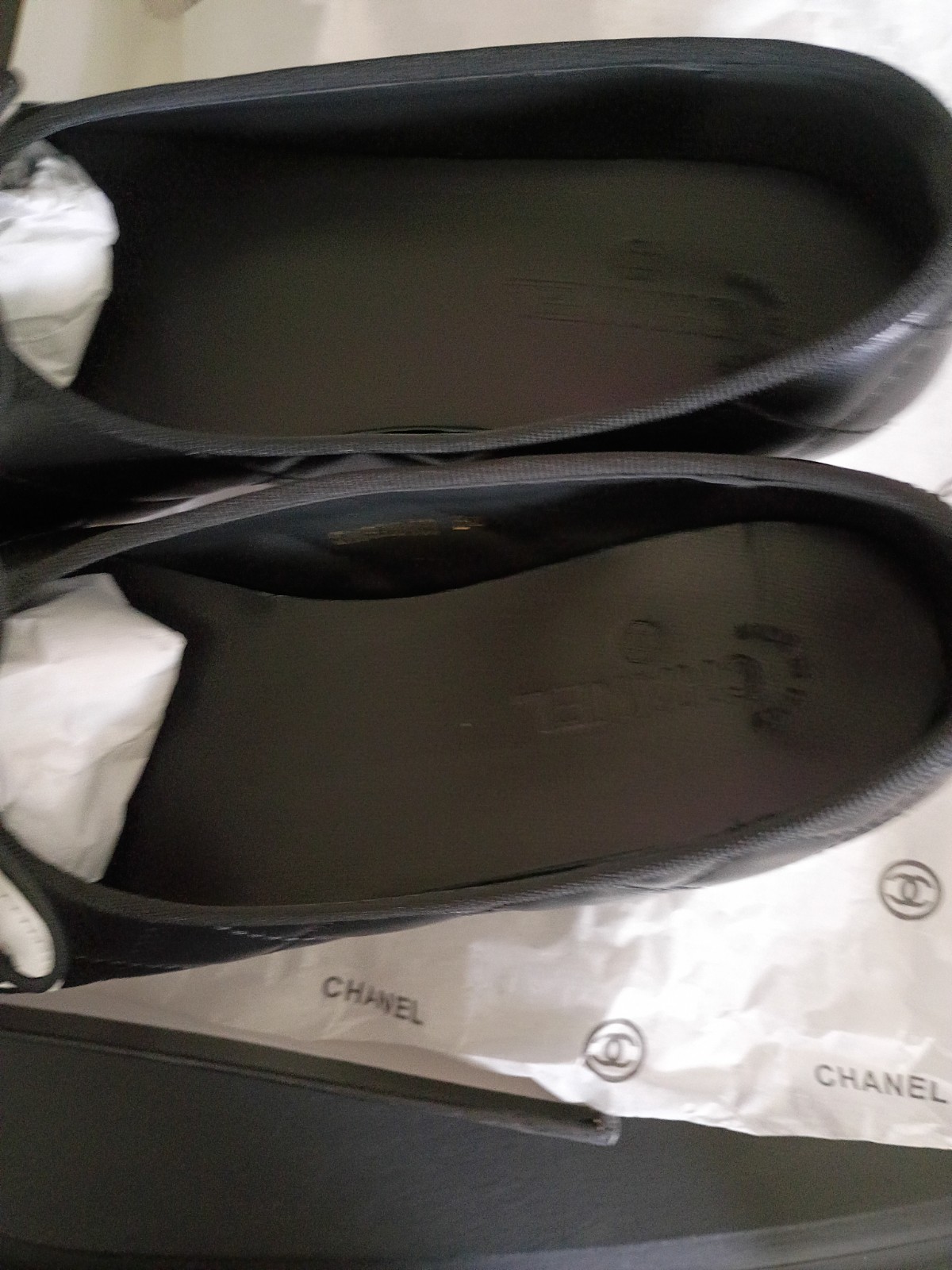 Chanel Ballet Slipper Cambons Size 7.5 Black CC LOGO Authentic BRAND NEW