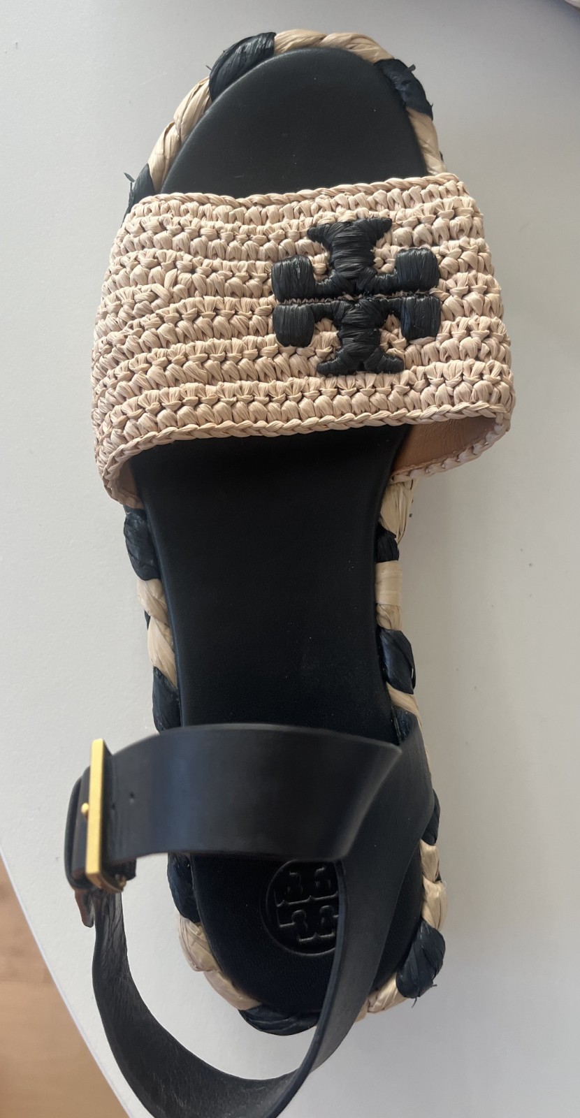 Almost New~Tory Burch Black/Natural Everly Woven Raffia Flatform Sandals Shoes~8