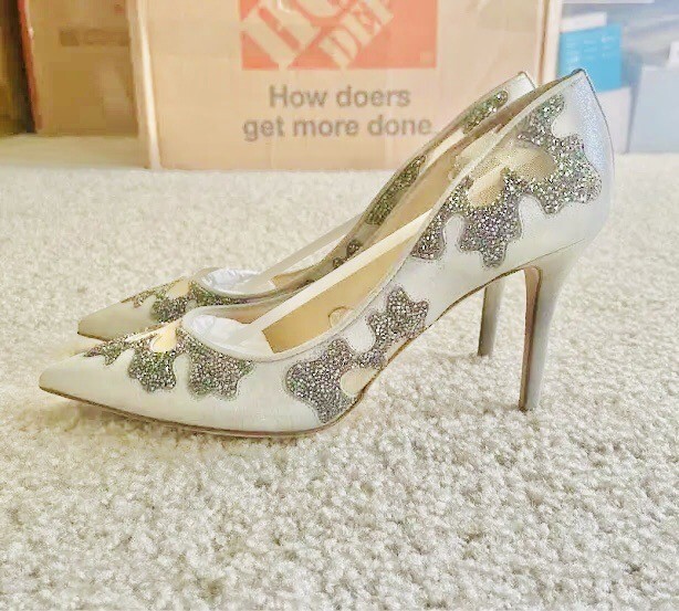 Jimmy Choo Karmel 85 Pumps EU 38 Platinum Suede Crystal Mesh High Heels