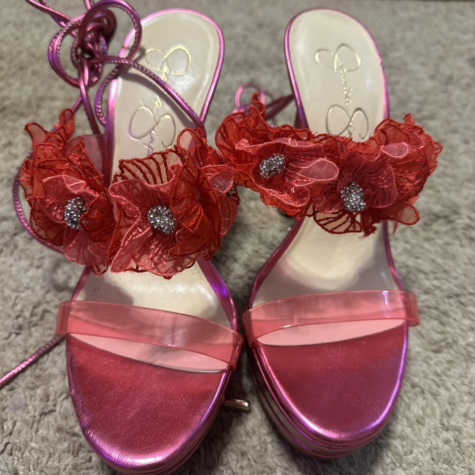 JESSICA SIMPSON Size 9.5M Iyla Pink Jewel Strappy Heels Lace Flowers Wrap Ankle