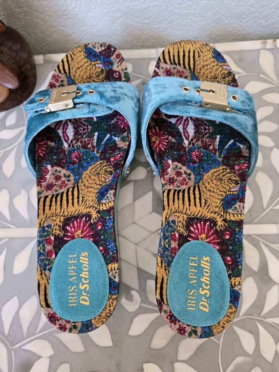 Rare Dr. Scholls Iris Apfel Original Too Slide Sandals Tiger Velvet New Sz 7 M