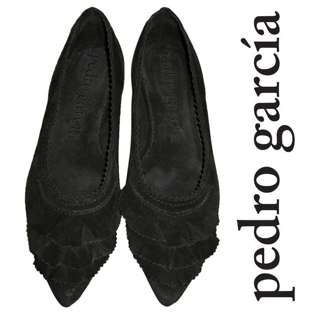 PEDRO GARCIA Anais Ruffle Ballet Flats Shoes 37 6.5 7 Black Suede Leather
