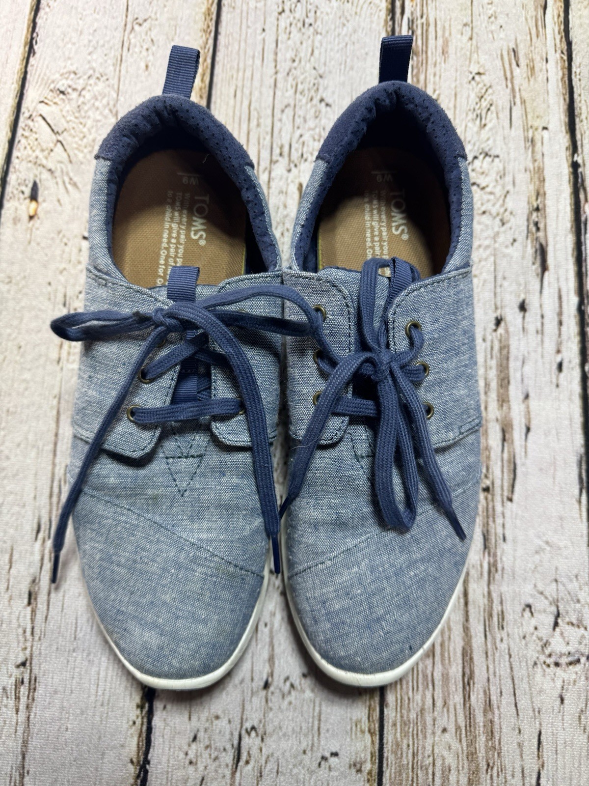 Toms Shoes Women’s Size 9 Del Rey Lace Up Flat Walking Sneakers Blue Denim