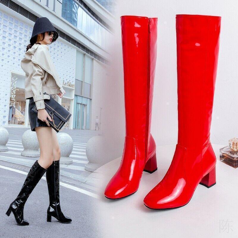 Chic Womens Casual Side Zip Faux Leather Mid Heels Riding Knight Knee High Boots