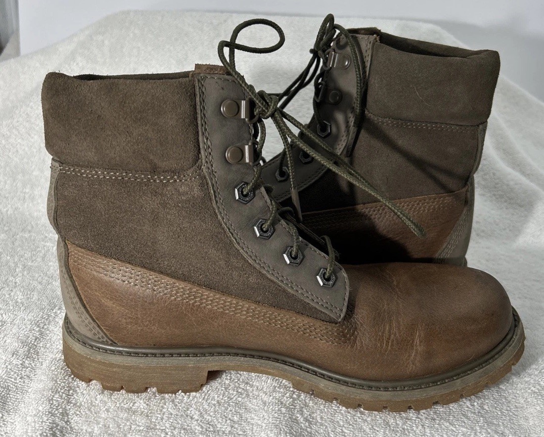 Timberland 6″ Premium Womens Size 9 Brown Gray Leather Suede Boots A19C2 GUC