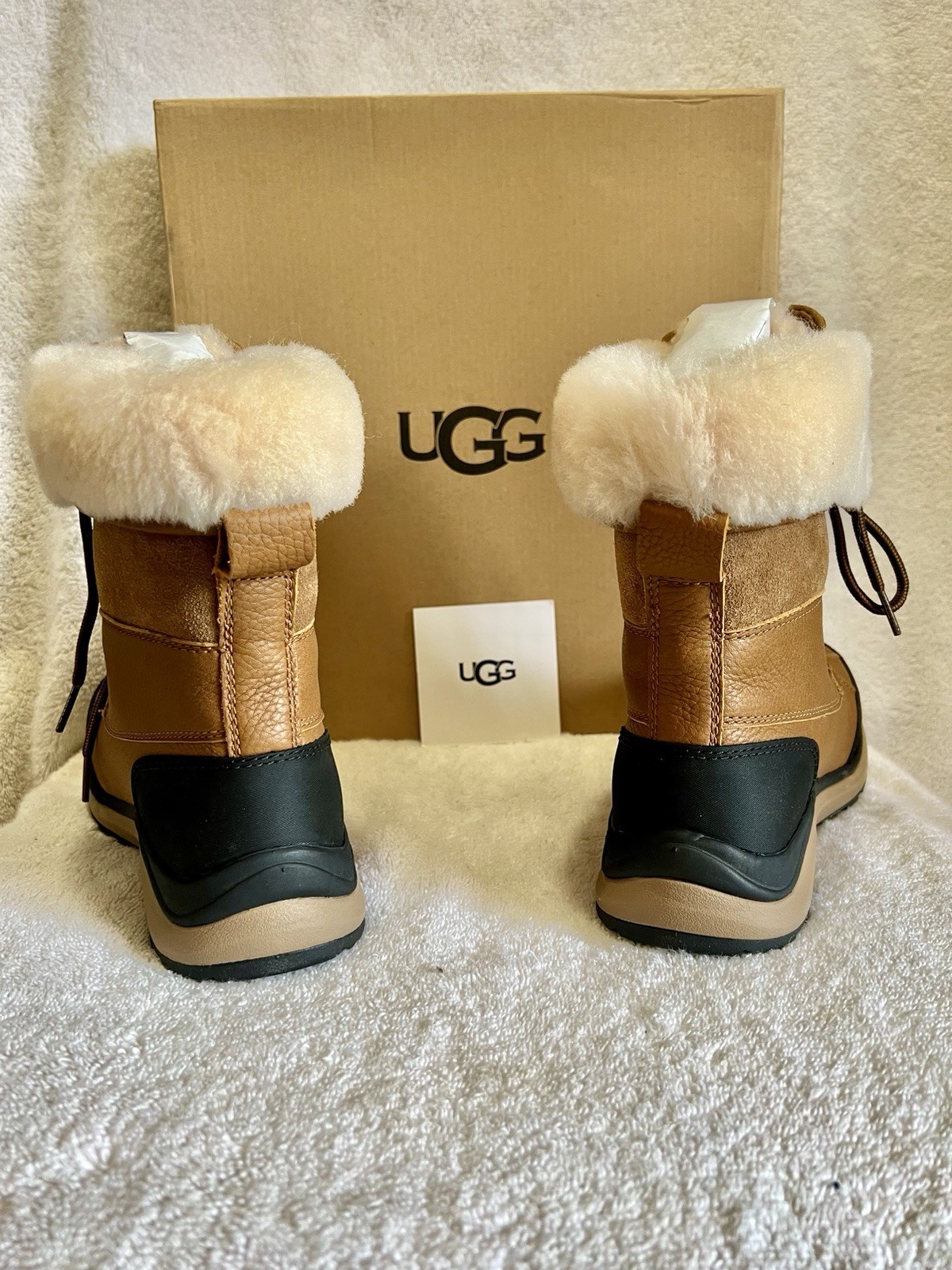 UGG Waterproof Leather Lace-Up Ankle Winter Boots Fur Trim Brown/Black 10