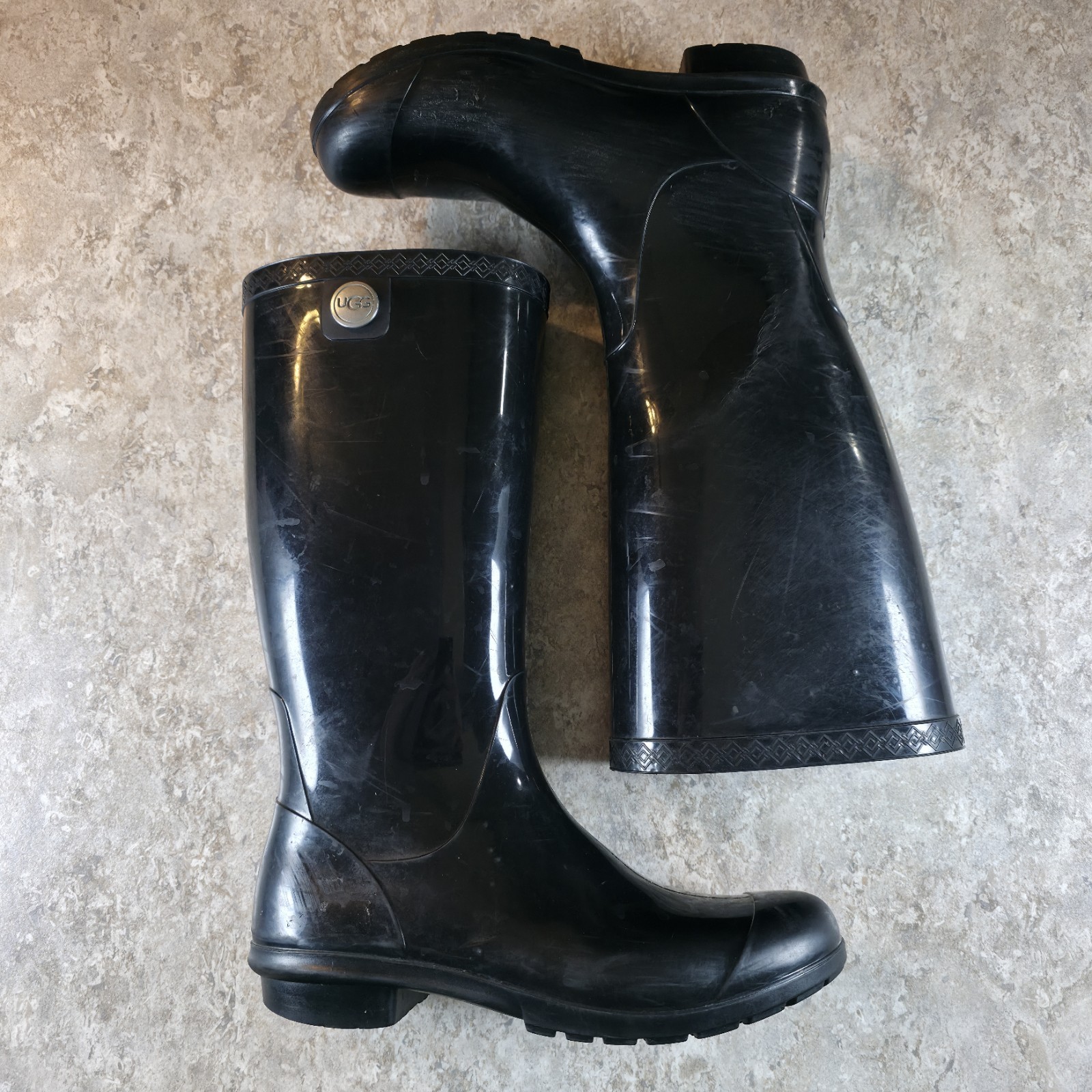 UGG Shaye Rain Boots Size 7 Shiny Black Tall Waterproof Lined