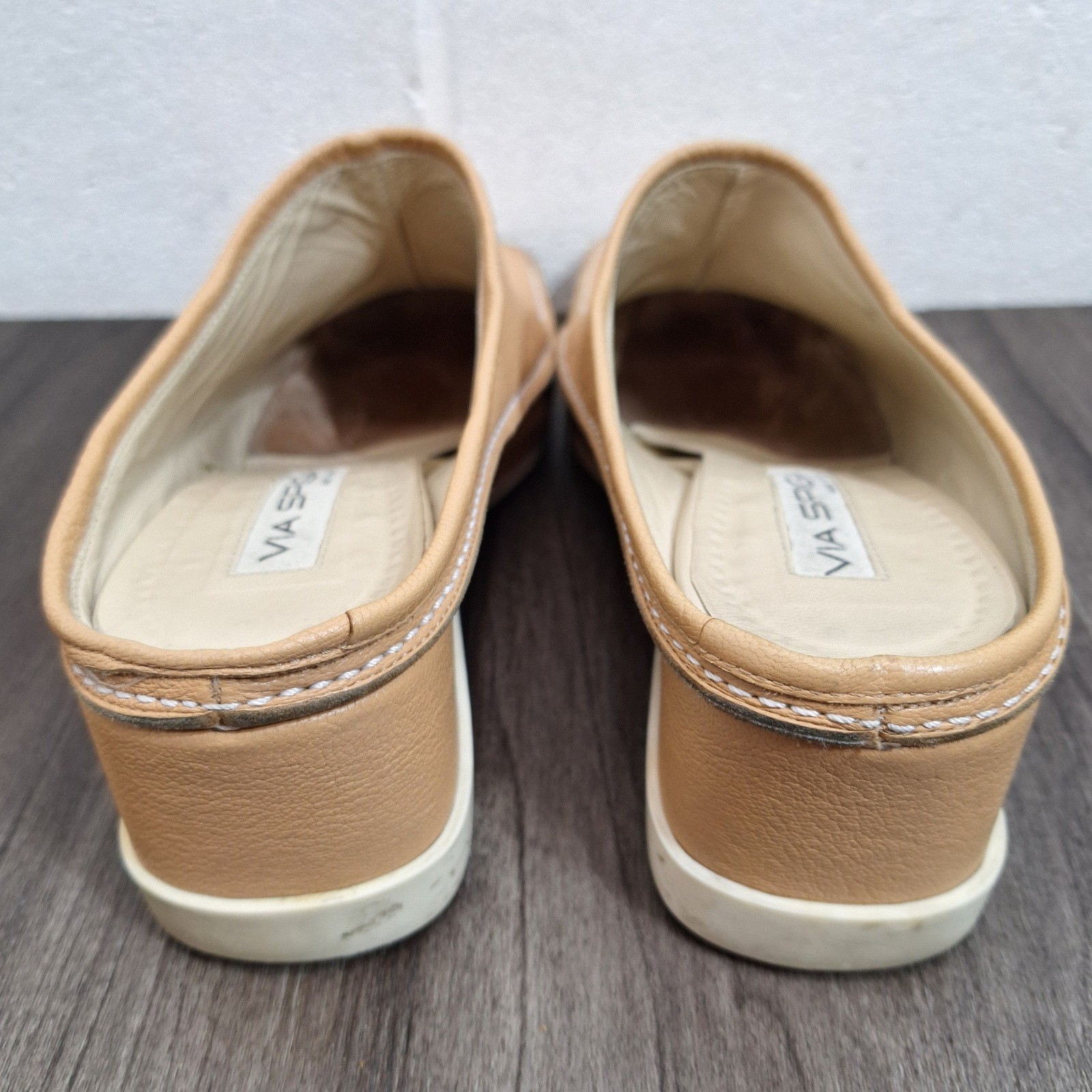 Via Spiga Tan Leather Wedge Mules Square Toe Made in Italy Women’s 8.5 M Beige