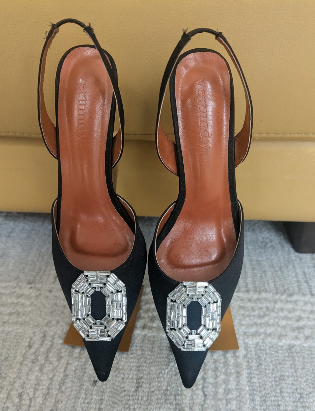 Vertundy Women’s Black Slingback Pointed Toe Stiletto Heels Rhinestone Buckle