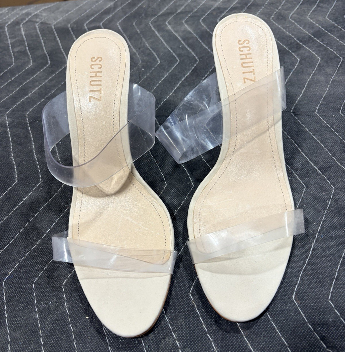 Schutz Ariella Heeled Sandal w Clear Straps-Nude-Sz 10B-Worn-In Bag-No Box