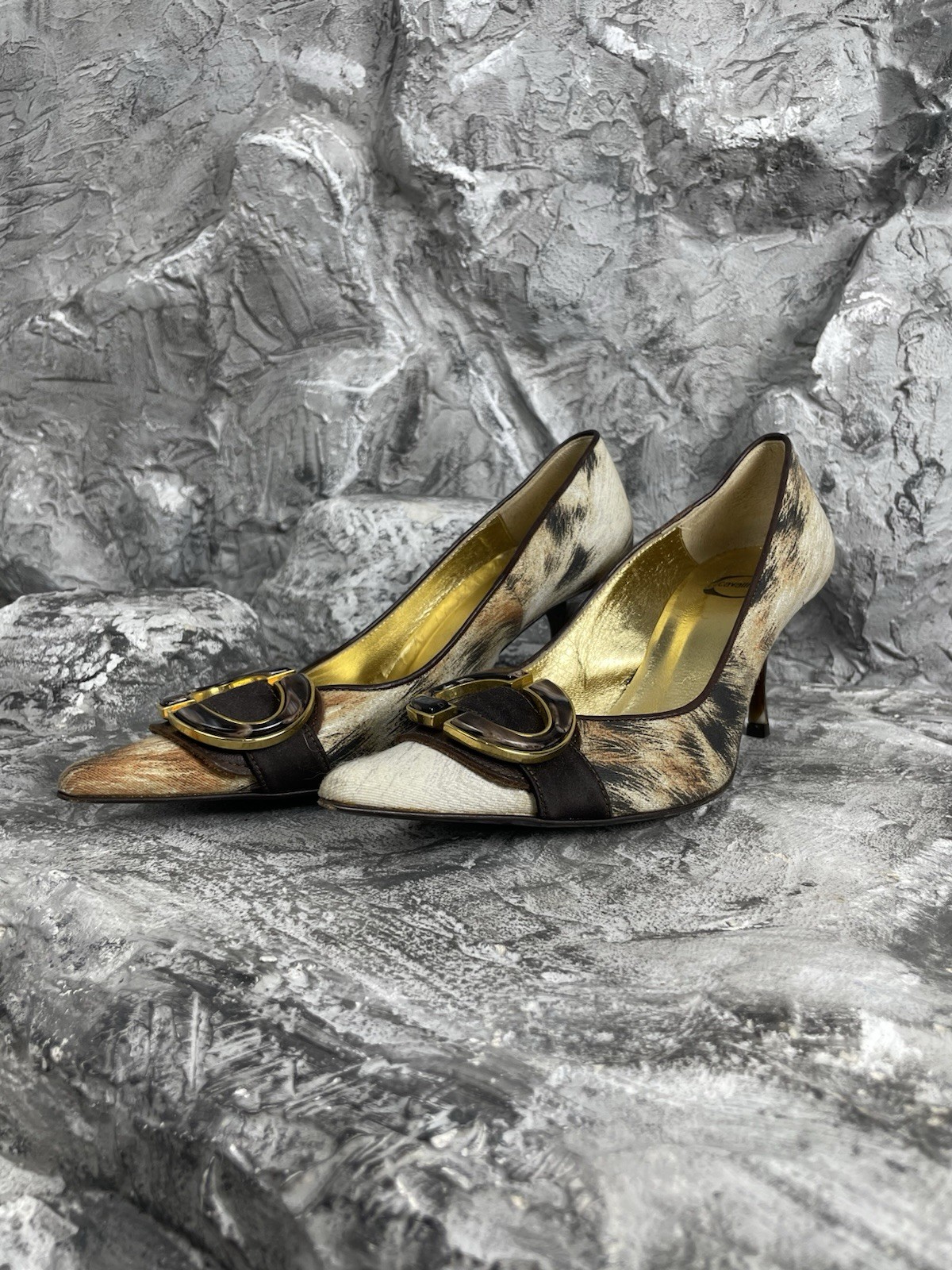Vintage Just Roberto Cavalli 00s Animal Fur Pattern Buckle Archive Heels 38 Y2K